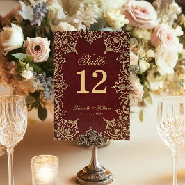 Tarjeta De Mesa Boda Elegante Dorado Vintage Rojo Borgoña