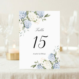 Tarjeta De Mesa Boda elegante floral de hortensias azules y follaj