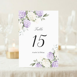 Tarjeta De Mesa Boda elegante floral de hortensias púrpura y folla