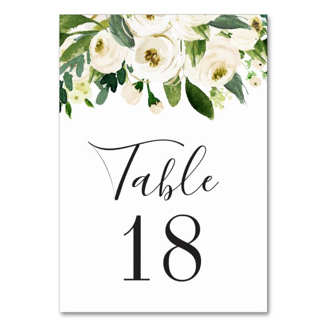 Tarjeta De Mesa Boda elegante floral y verde con acuarela blanca (Anverso)