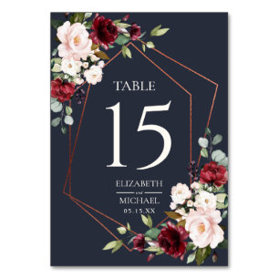 Tarjeta De Mesa Boda elegante geométrica de cobre borgoña azul