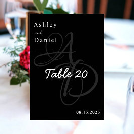 Tarjeta De Mesa Boda Elegante Mínima De Monograma Blanco Y Negro