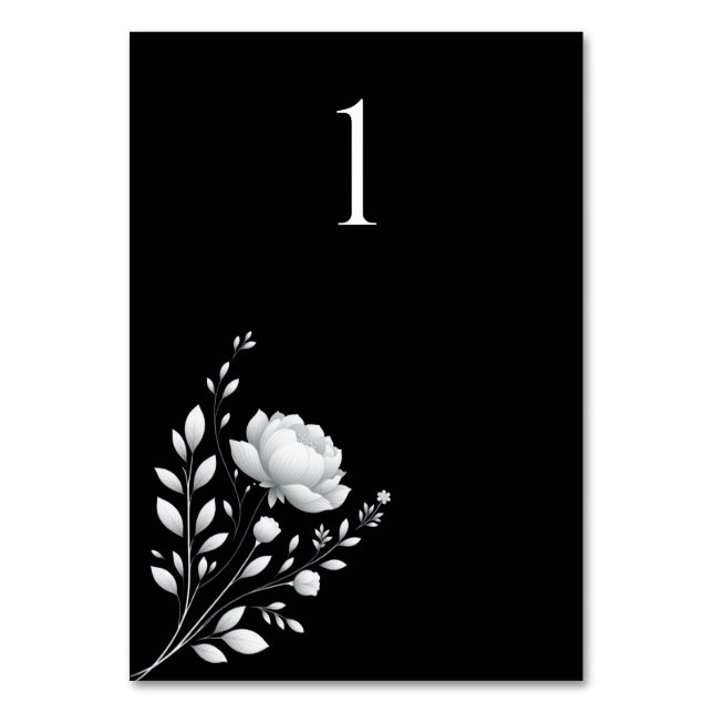 Tarjeta De Mesa Boda elegante moderna Flores negras y blancas (Anverso)
