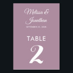 Tarjeta De Mesa Boda elegante morada de polvo blanco y simple<br><div class="desc">Tarjeta de número de tabla boda minimalista simple y elegante con un guión blanco elegante sobre un fondo violeta polvoriento romántico. Personalizable fácil con los nombres de la novia y del novio, la fecha del boda y el número de la tabla. Para mayor personalización o pedidos de personalizados, no dudes...</div>