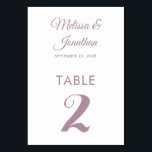 Tarjeta De Mesa Boda elegante morada de polvo blanco y simple<br><div class="desc">Tarjeta de número de tabla minimalista simple y elegante con un elegante guión violeta polvoriento sobre un fondo clásico blanco. Personalizable fácil con los nombres de la novia y del novio, la fecha del boda y el número de la tabla. Para mayor personalización o pedidos de personalizados, no dudes en...</div>
