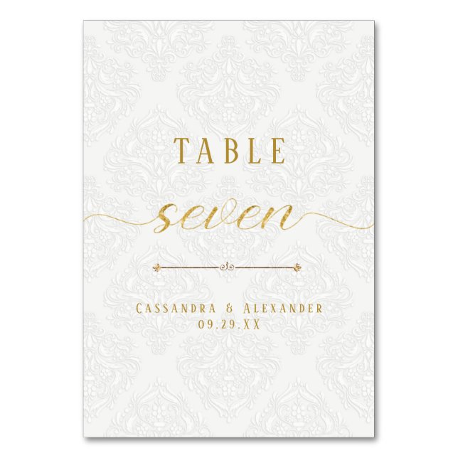 Tarjeta De Mesa Boda Elegante Script Blanco Encaje Dorado 7 Siete (Anverso)