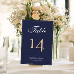 Tarjeta De Mesa Boda elegante y moderno de escritura azul de la Ma<br><div class="desc">Número de la mesa Boda de la Marina Azul con estilo moderno. La carta es moderna y elegante en azul oscuro con un borde delgado y un guión en tonos blanco y melocotón. Personalizar cada tarjeta por separado para cada número de tabla y póngalo por separado en su carrito. Personalice...</div>