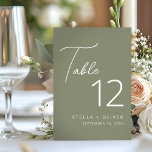 Tarjeta De Mesa Boda elegante y moderno de guión verde sabio<br><div class="desc">Número de tabla moderno y elegante con color verde sabio con guión caligráfico y número de tabla tipográfica moderno. Ideal para bodas o para sus próximas ocasiones especiales.</div>