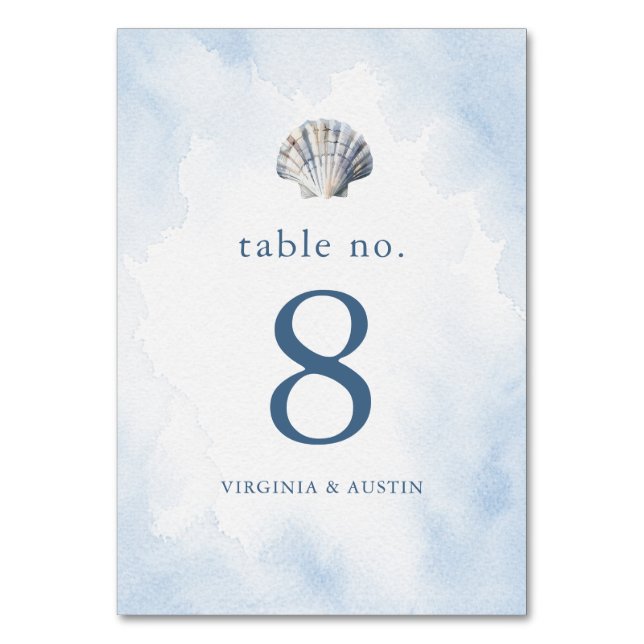 Tarjeta De Mesa Boda en la playa de conchas azules (Reverso)