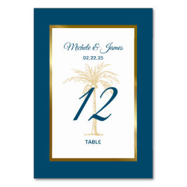 Tarjeta De Mesa Boda en la playa de palmeras con azul dorado del o