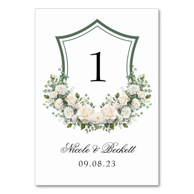 Tarjeta De Mesa Boda Escudo de Flores Blancas (Anverso)