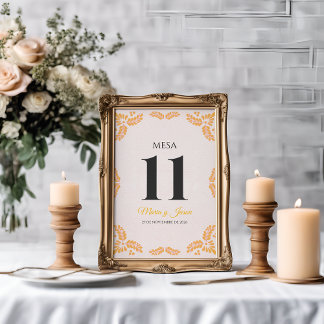 Tarjeta De Mesa Boda Española Minimalista Floral Amarillo Talavera