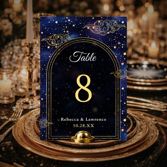 Tarjeta De Mesa Boda estrellas astronomía celestial oro azul (Subido por el creador)
