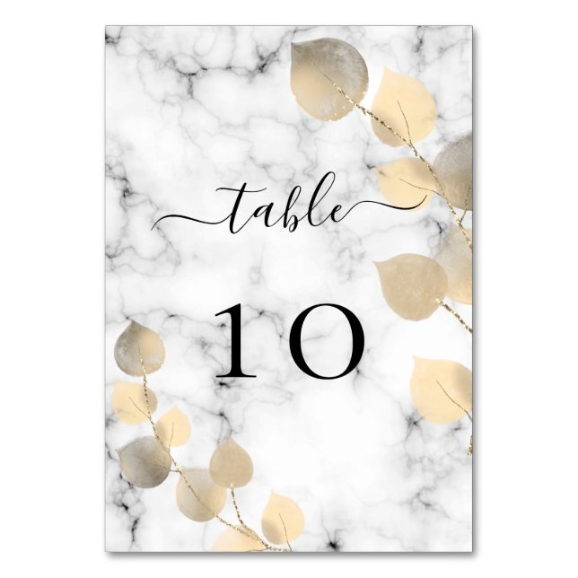 Tarjeta De Mesa Boda eucalipto mármol dorado elegante (Anverso)