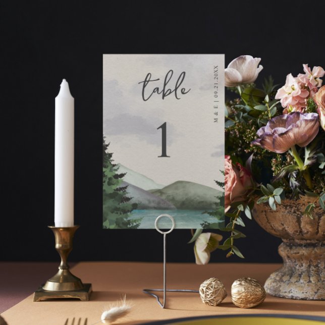 Tarjeta De Mesa Boda Evergreen de Montaña Rustica y Lago (Subido por el creador)