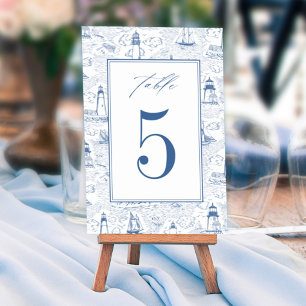 Tarjeta De Mesa Boda Faro Toile Costero Azul