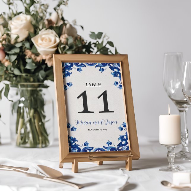 Tarjeta De Mesa Boda Fiesta elegante de Floral Azul Mexicana (Mexican Blue Floral Elegant Fiesta Wedding Table Number)