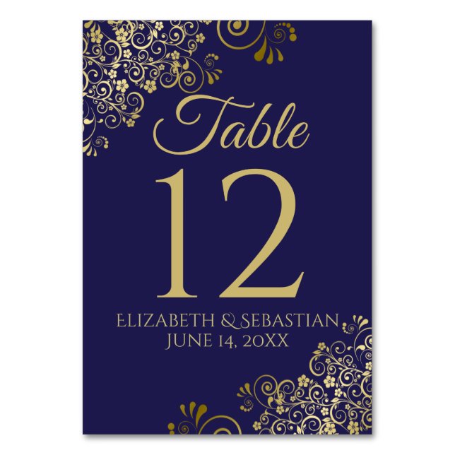 Tarjeta De Mesa Boda filigrí elegante dorado y azul marino (Anverso)