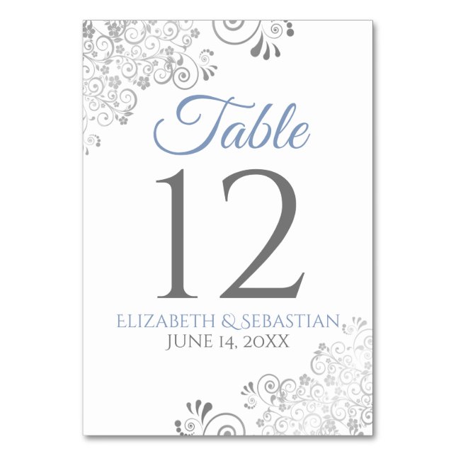 Tarjeta De Mesa Boda filigrino elegante azul claro y gris (Anverso)