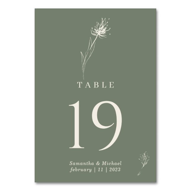 Tarjeta De Mesa Boda Flor de Diente de León Verde Salvia (Anverso)