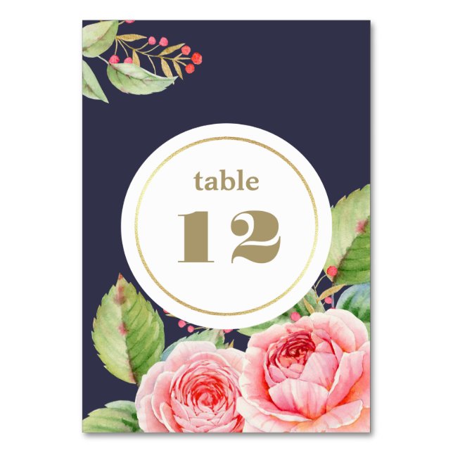 Tarjeta De Mesa Boda floral acuarela azul marino (Anverso)