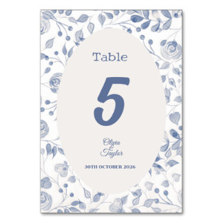Tarjeta De Mesa Boda Floral Acuarela Azul Polvoriento