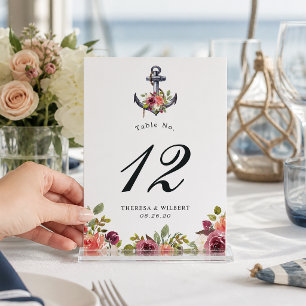 Tarjeta De Mesa Boda floral acuarela de ancla náutica