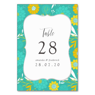 Tarjeta De Mesa Boda floral amarillo y Verde azulado