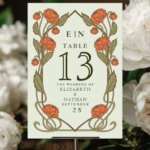 Tarjeta De Mesa Boda floral Art Nouveau de peonía de coral elegant
