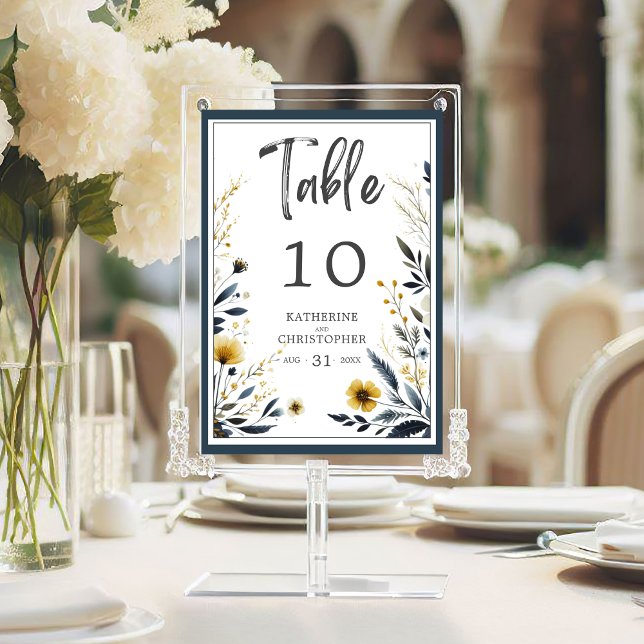 Tarjeta De Mesa Boda floral azul amarilla elegante (Blue Yellow Wildflowers Wedding Elegant Formal Table Number.)