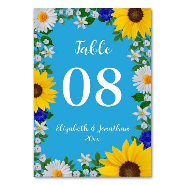 Tarjeta De Mesa Boda floral azul cielo de verano (Anverso)