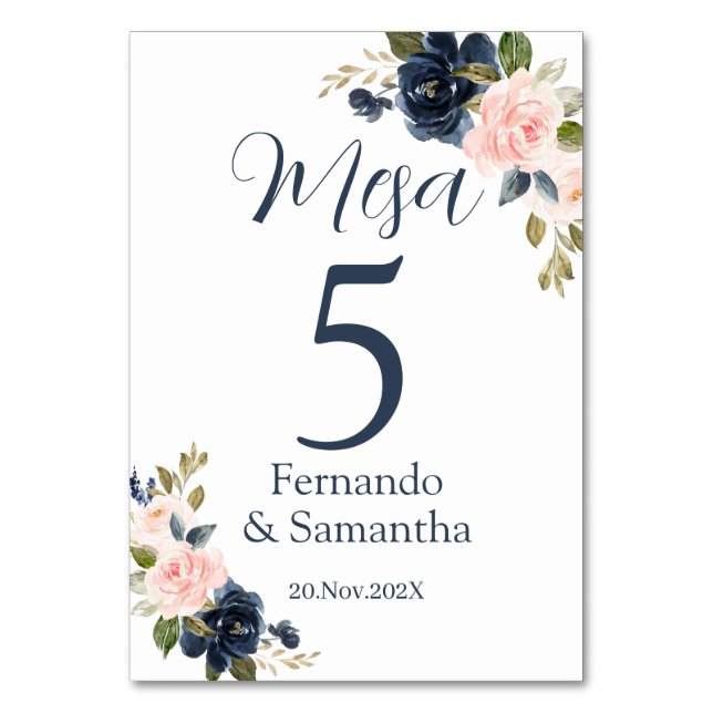 Tarjeta De Mesa Boda Floral Azul de la Marina Española (Anverso)