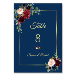Tarjeta De Mesa Boda floral azul marino Borgoña dorado