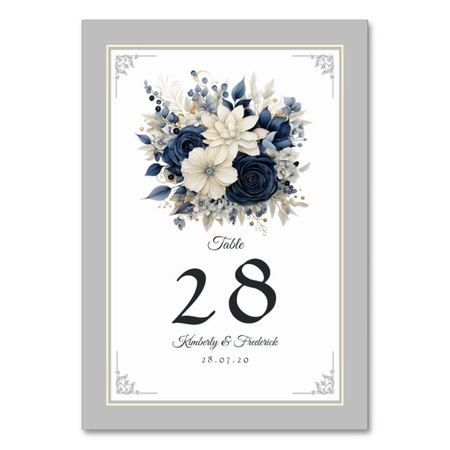 Tarjeta De Mesa Boda floral azul marino, crema y plata (Anverso)