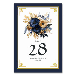 Tarjeta De Mesa Boda floral azul marino y dorado