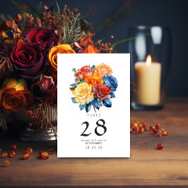 Tarjeta De Mesa Boda floral azul, naranja, amarilla y roja