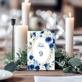 Tarjeta De Mesa Boda Floral Azul Oval Número de tabla