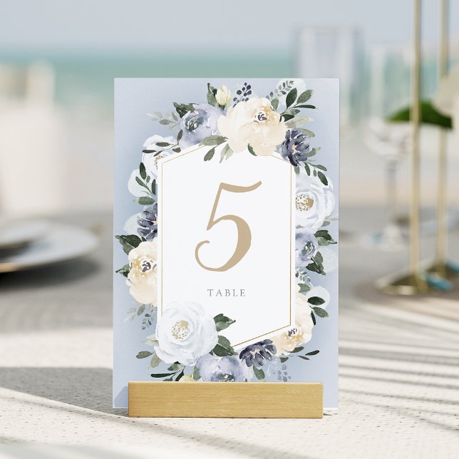 Tarjeta De Mesa Boda floral azul polvoriento botánico floreciente (Blooming botanical dusty blue floral wedding table number)