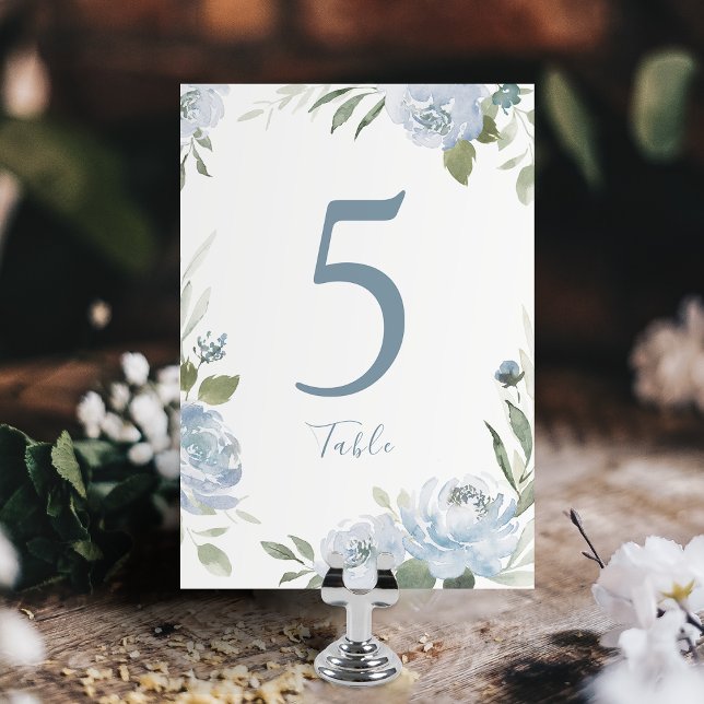 Tarjeta De Mesa Boda floral azul polvoriento de jardín romántico (Romantic garden dusty blue floral wedding table number)
