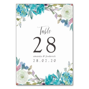 Tarjeta De Mesa Boda floral azul turquesa y turquesa