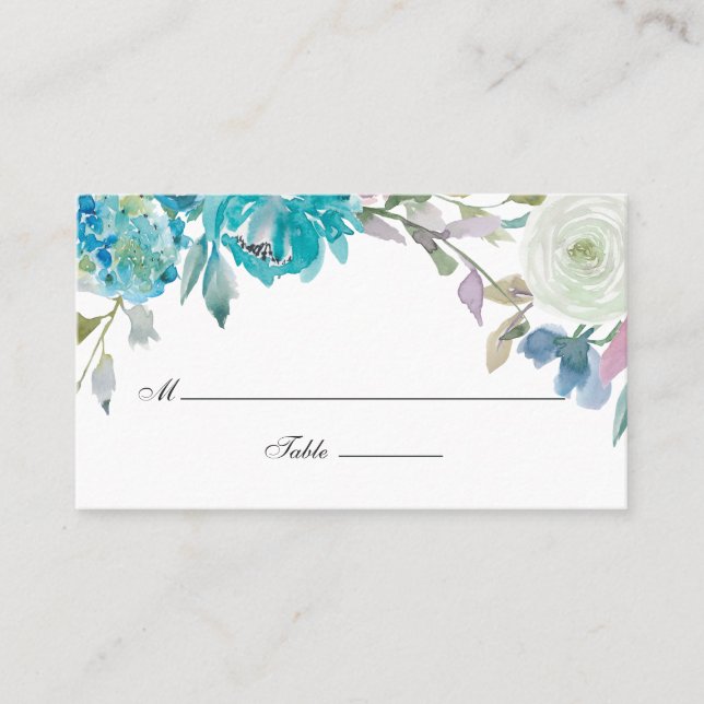 Tarjeta De Mesa Boda floral azul turquesa y turquesa (Anverso)
