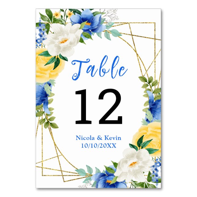 Tarjeta De Mesa Boda floral azul y amarillo (Anverso)