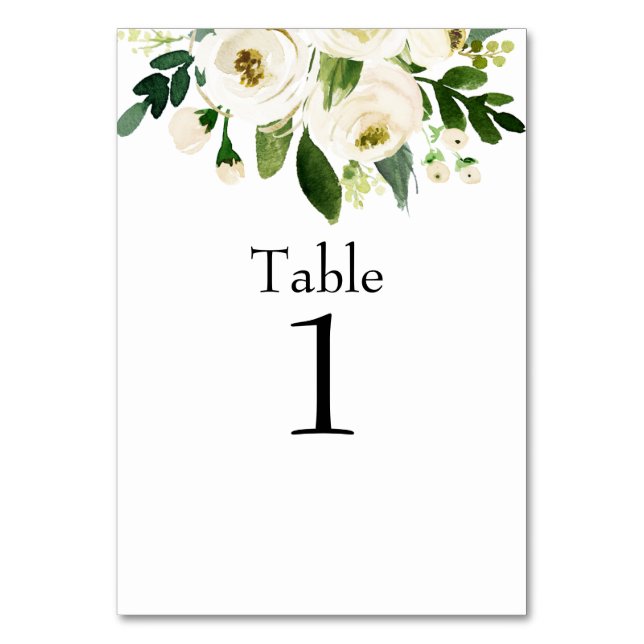 Tarjeta De Mesa Boda Floral blanca acuarela Negro texto (Anverso)