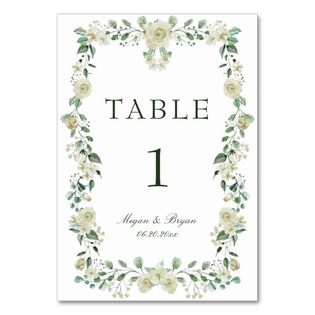 Tarjeta De Mesa Boda floral blanca con elegantes verdes (Anverso)