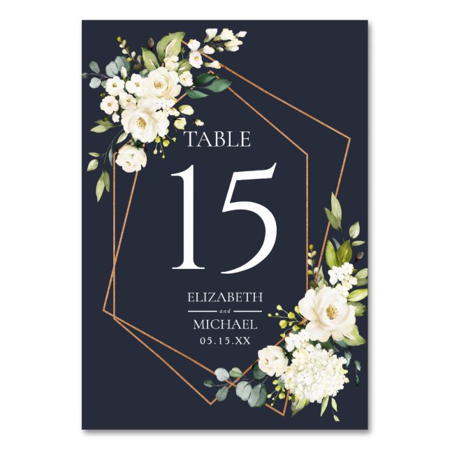 Tarjeta De Mesa Boda floral blanca geométrica de cobre (Anverso)