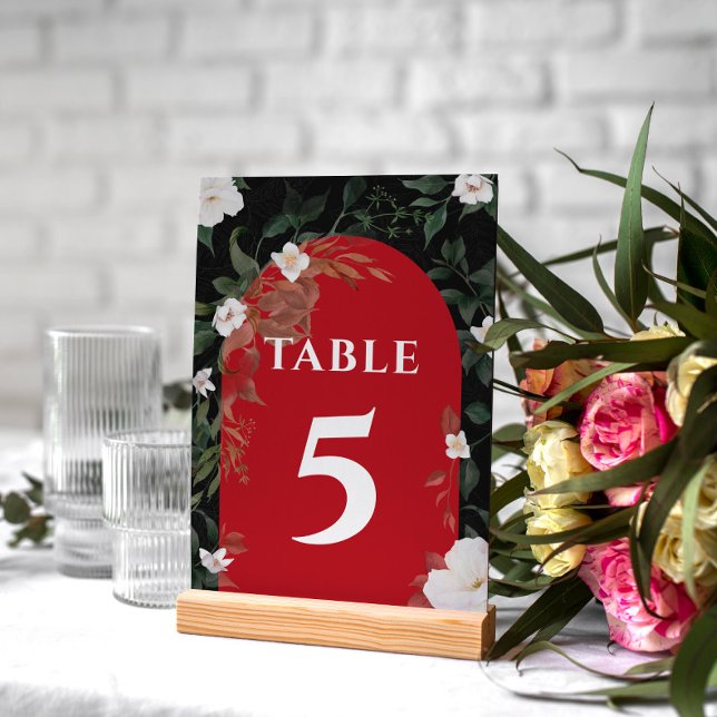 Tarjeta De Mesa Boda floral blanco negro y rojo elegante (Subido por el creador)