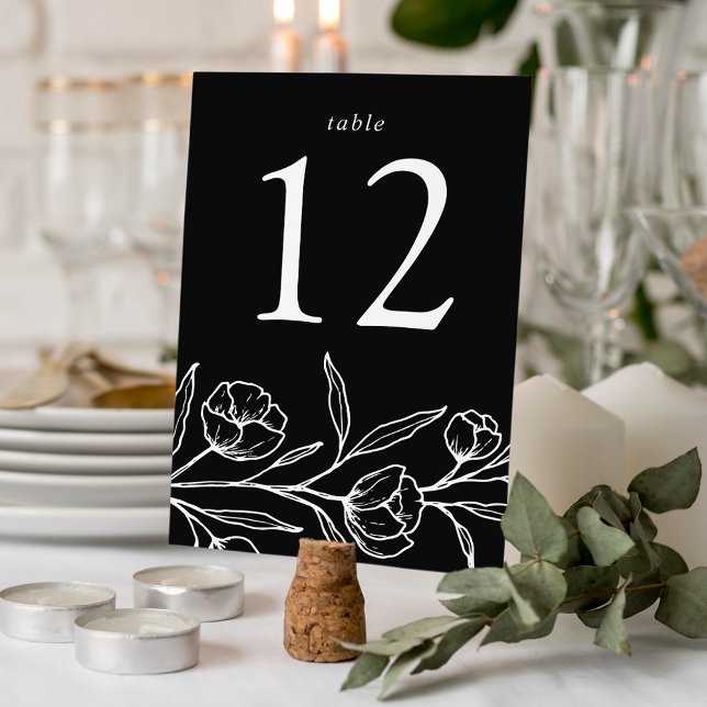 Tarjeta De Mesa Boda floral blanco y negro esbozado (Subido por el creador)