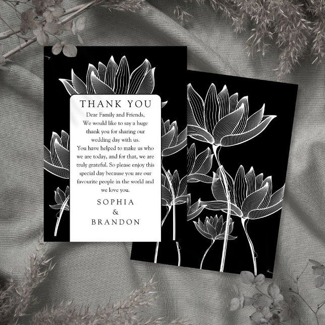 Tarjeta De Mesa Boda Floral Blanco Y Negro Gracias (Black And White Floral Wedding Thank You Place Card)