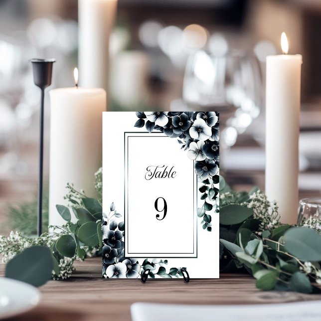 Tarjeta De Mesa Boda floral blanco y negro moderno número de tabla (Subido por el creador)