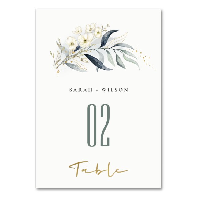 Tarjeta De Mesa Boda Floral Botánica de Blue Green Gold Leafy (Anverso)